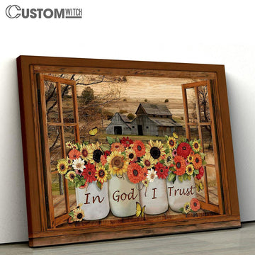 In God I Trust Barn On Farm Types Of Flowers Canvas Wall Art - Bible Verse Canvas - Religious Prints