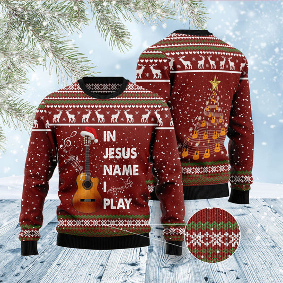 FUNSTUFFPRINT In Jesus Name I Play Guitar Ugly Christmas Sweater - Xmas Gifts For Him Or Her - Christmas Gift For Friends - Jesus Christ Sweater Ugly  Sweater