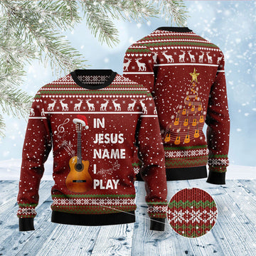 FUNSTUFFPRINT In Jesus Name I Play Guitar Ugly Christmas Sweater - Xmas Gifts For Him Or Her - Christmas Gift For Friends - Jesus Christ Sweater Ugly  Sweater