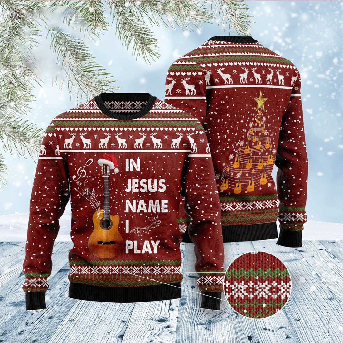FUNSTUFFPRINT In Jesus Name I Play Guitar Ugly Christmas Sweater, Christmas Sweater, Ugly Sweater, Funny Xmas Sweaters Ugly Sweater