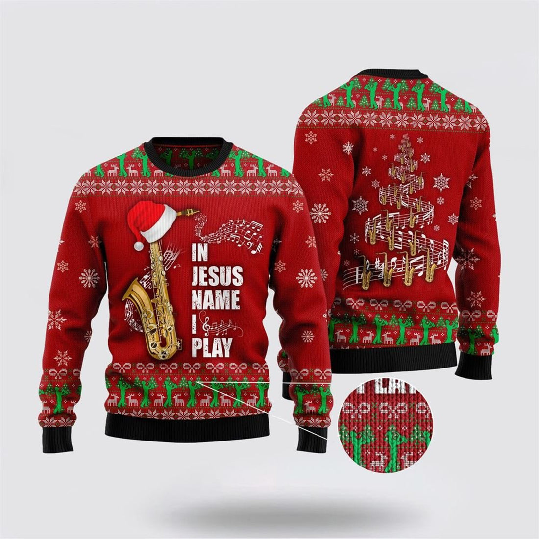FUNSTUFFPRINT In Jesus Name I Play Saxophone Ugly Christmas Sweater – Gifts For Christians Ugly  Sweater