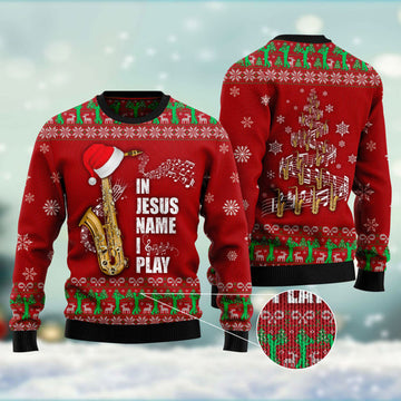 FUNSTUFFPRINT In Jesus Name I Play Saxophone Ugly Christmas Sweater - Xmas Gifts For Him Or Her - Christmas Gift For Friends - Jesus Christ Sweater Ugly  Sweater