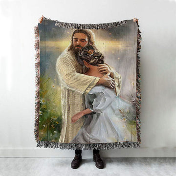 In The Arms Of God Woven Blanket - Jesus Hug Daisy Field Woven Blanket Art - Bible Verse Throw Blanket - Christian Inspirational Boho Blanket