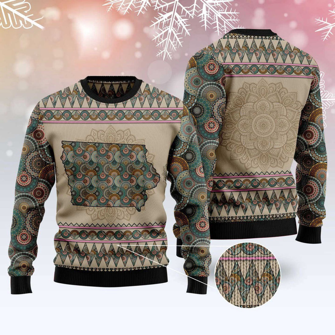 FUNSTUFFPRINT Iowa Mandala Ugly Christmas Sweater, Christmas Sweater, Ugly Sweater, Funny Xmas Sweaters Ugly Sweater