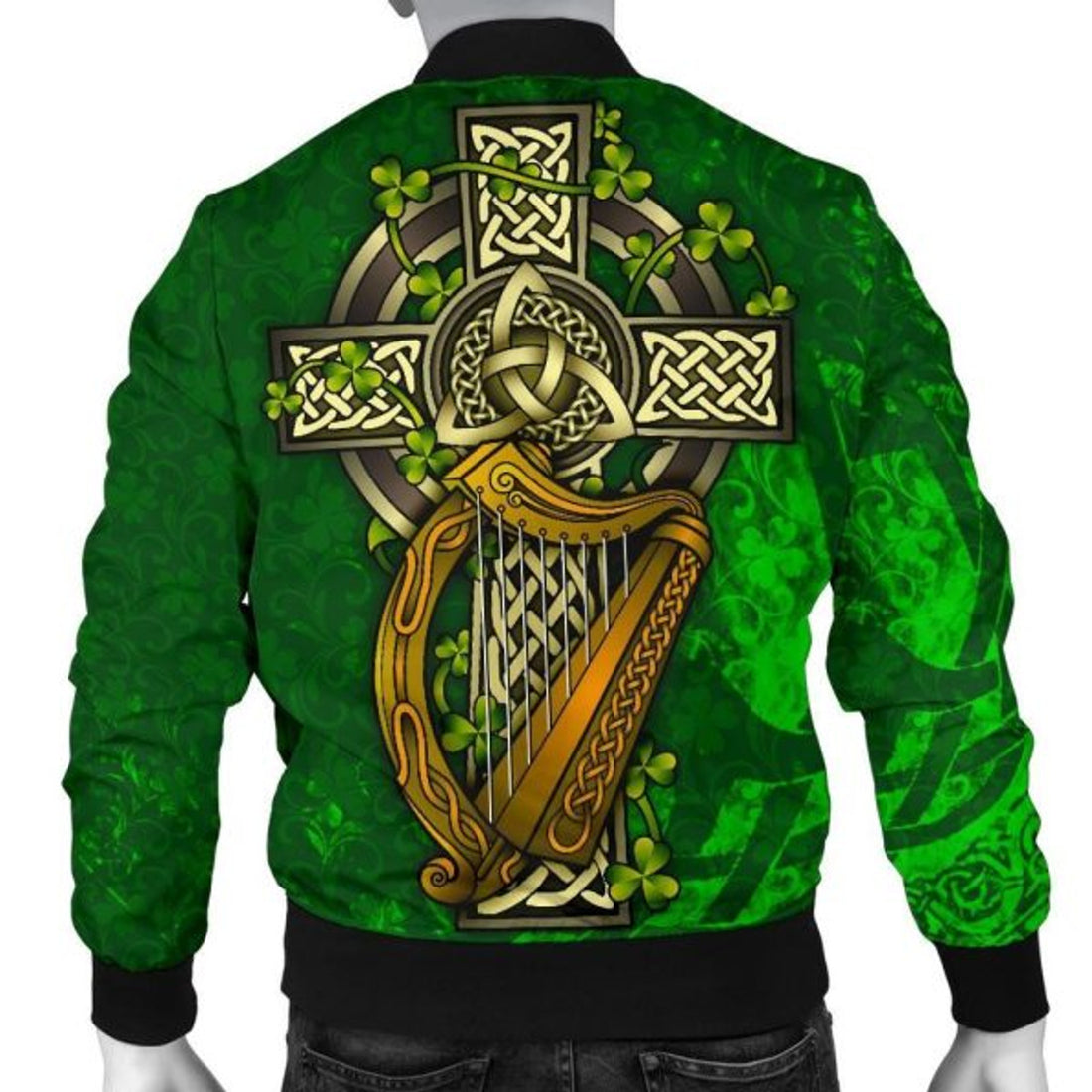 FUNSTUFFPRINTI Ireland Celtic Men's Bomber Jacket - Ireland Coat Of Arms with Shamrock Patterns - Bomber Jacket