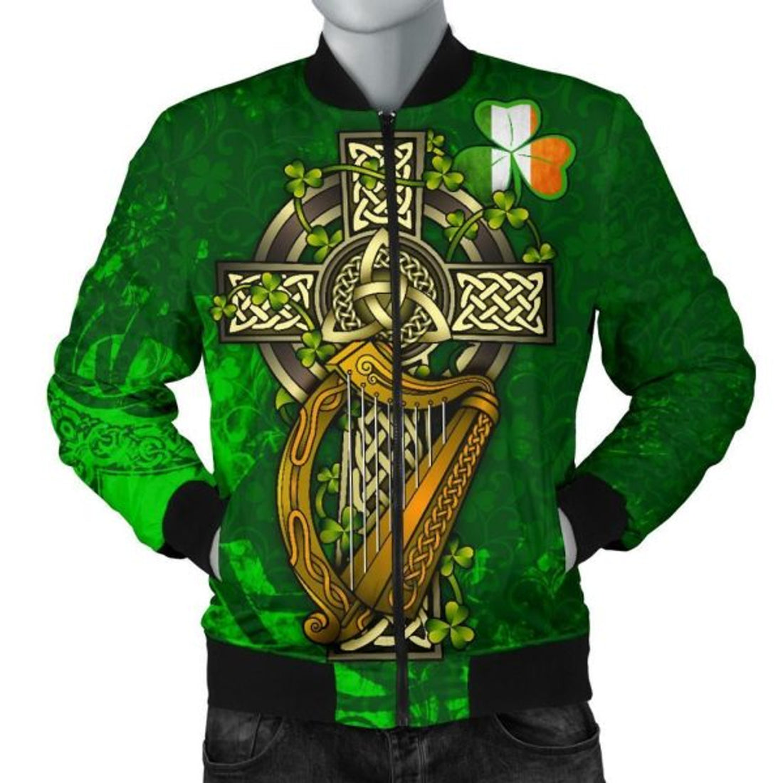 FUNSTUFFPRINTI Ireland Celtic Men's Bomber Jacket - Ireland Coat Of Arms with Shamrock Patterns - Bomber Jacket