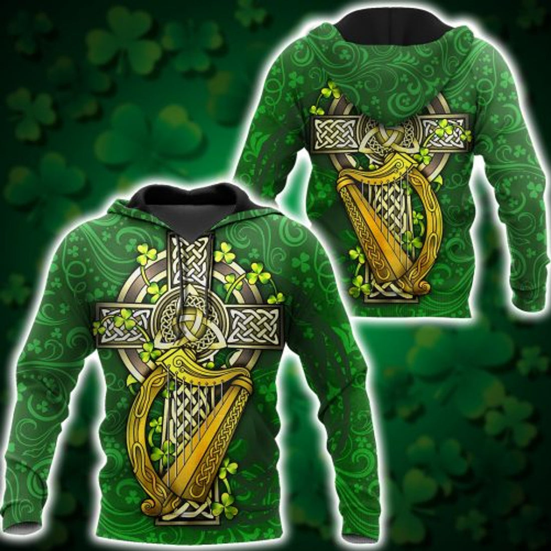 FUNSTUFFPRINT Irish 3D All Over Hoodie Irish Cross With Harp 3D Hoodie and Zip Hoodie