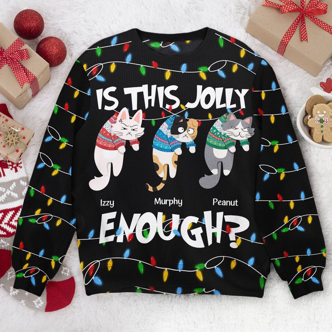 FUNSTUFFPRINT Custom Is This Jolly Enough - Hanging Cat 2 Ugly Sweater
