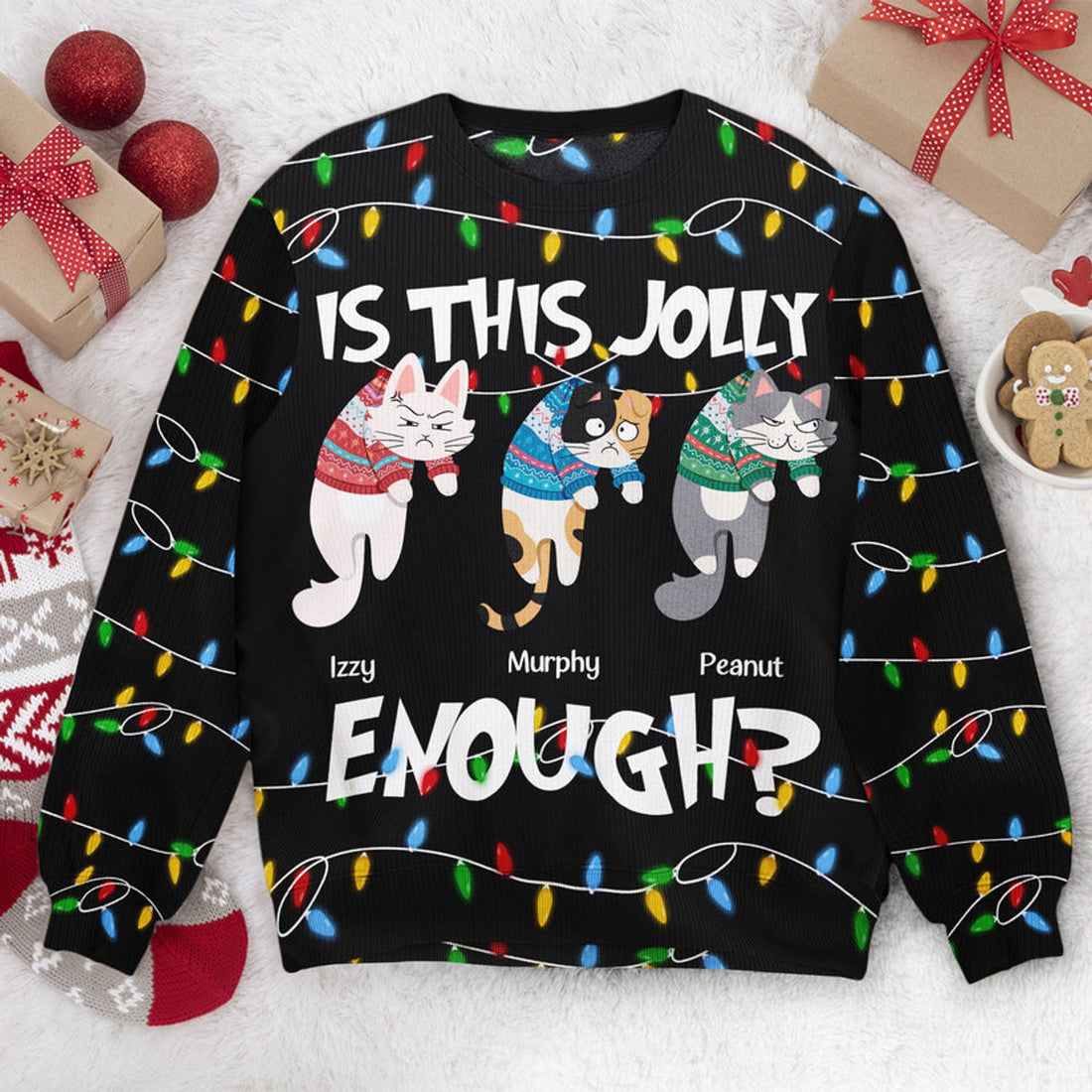 FUNSTUFFPRINT Custom Is This Jolly Enough - Hanging Cat 2 Ugly Sweater