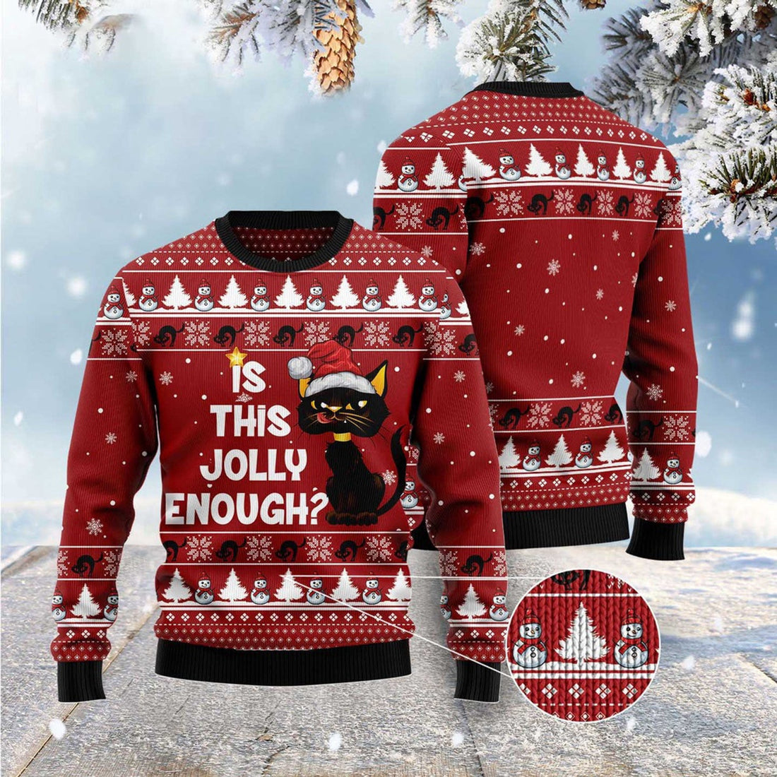 FUNSTUFFPRINT Is This Jolly Enough Black Cat Ugly Christmas Sweater, Christmas Cat Ugly Sweater, Ugly Cat Xmas Sweater Ugly Sweater