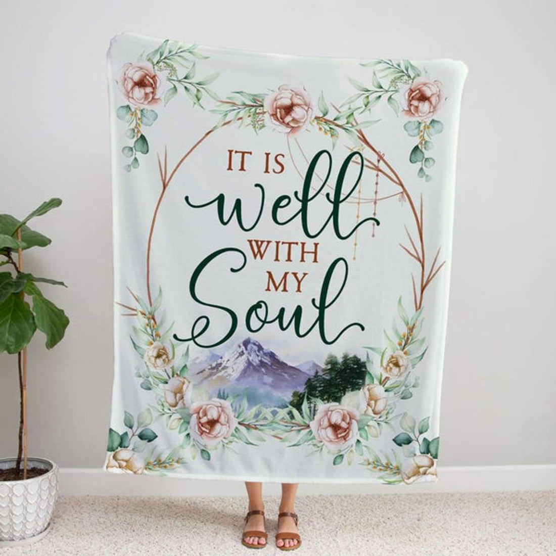 FUNSTUFFPRINT It Is Well With My Soul Floral Fleece Blanket - Christian Blanket - Bible Verse Blanket