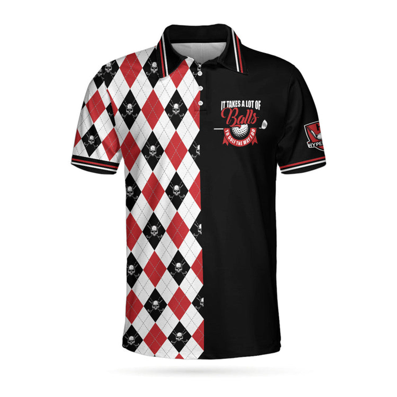 It Takes A Lot Of Balls Red Black And White Pattern Polo Shirt, Argyle Pattern Skull Golf Shirt For Men