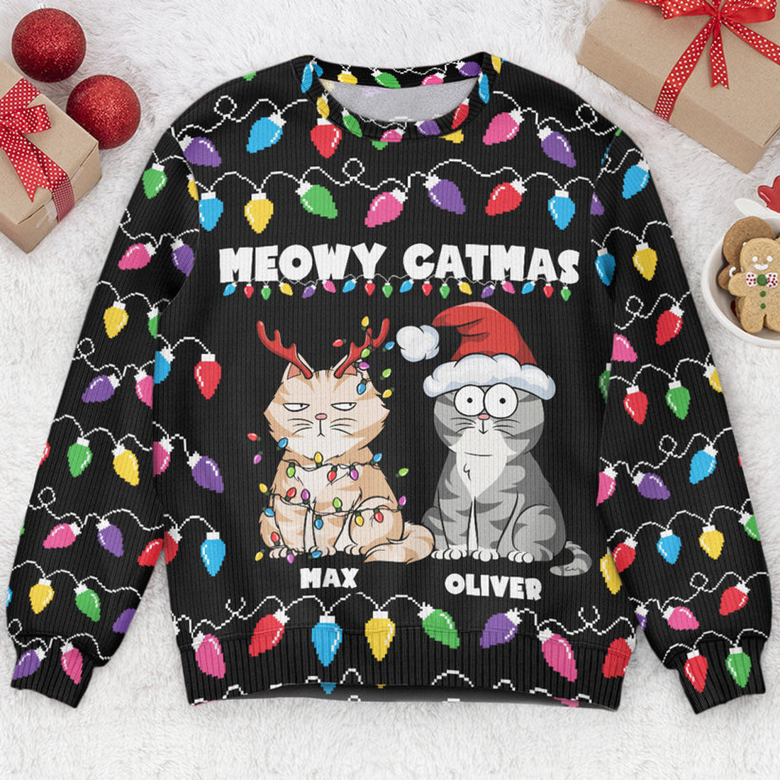 FUNSTUFFPRINT Custom Meowy Catmas Christmas Funny Cats Ugly Sweater