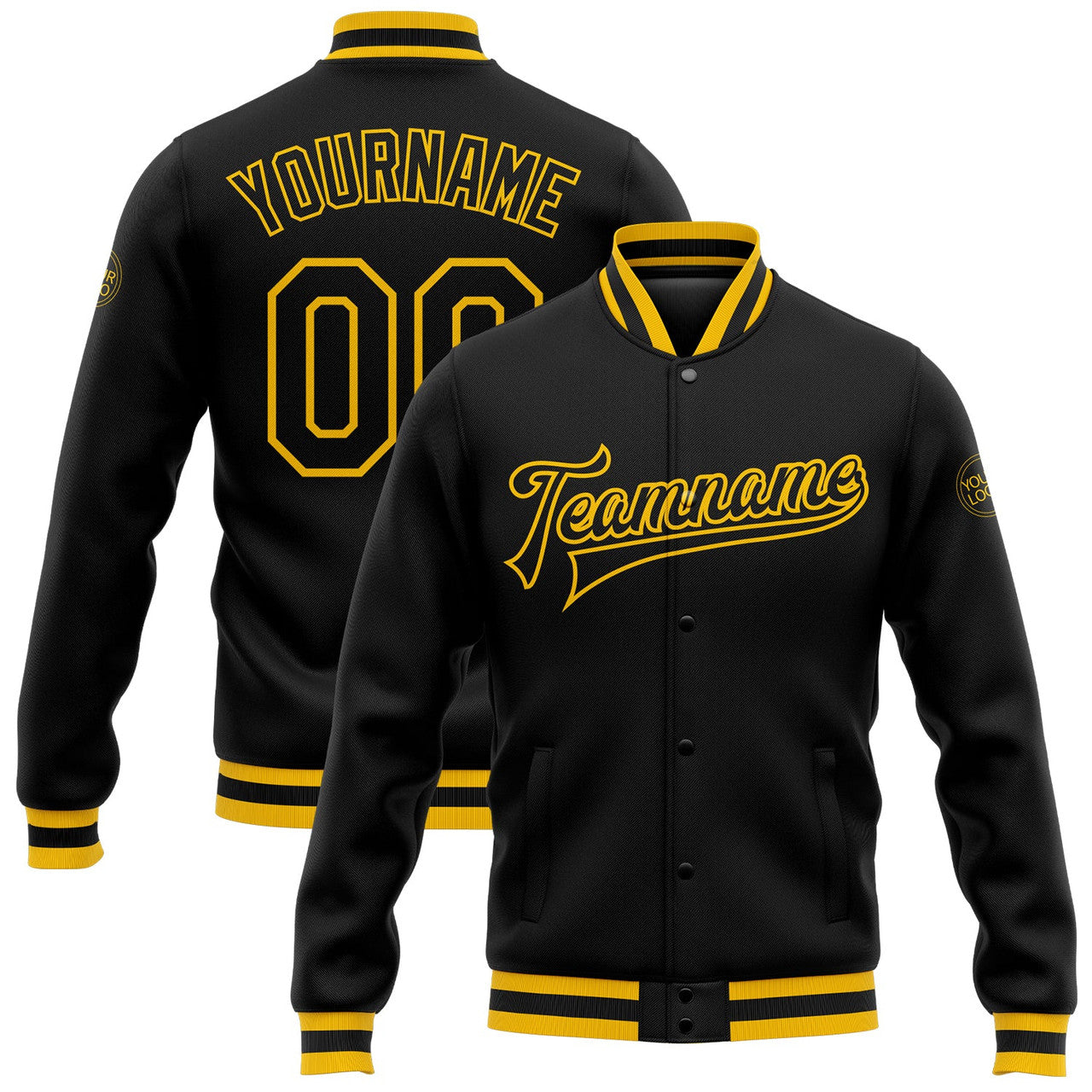 FUNSTUFFPRINT Custom Black Black-Gold Bomber Full-Snap Varsity Letterman Jacket 3D Baseball Jacket