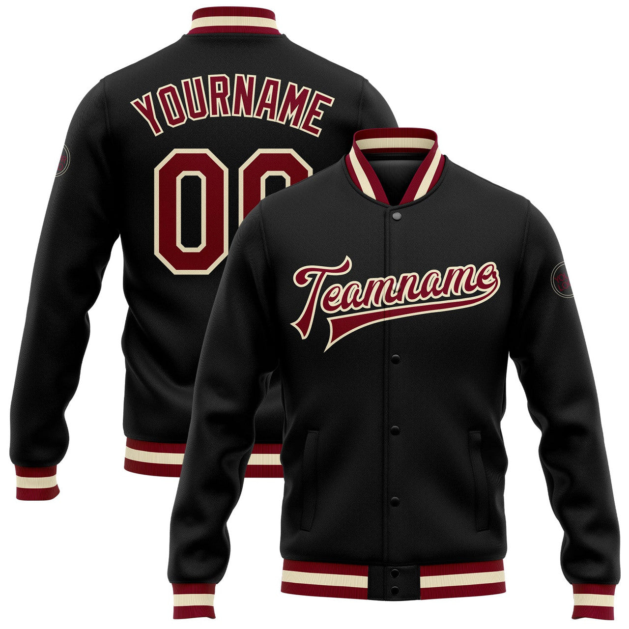 FUNSTUFFPRINT Custom Black Maroon-Cream Bomber Full-Snap Varsity Letterman Jacket 3D Baseball Jacket