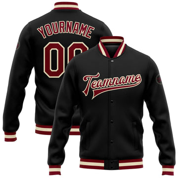 FUNSTUFFPRINT Custom Black Maroon-Cream Bomber Full-Snap Varsity Letterman Jacket 3D Baseball Jacket