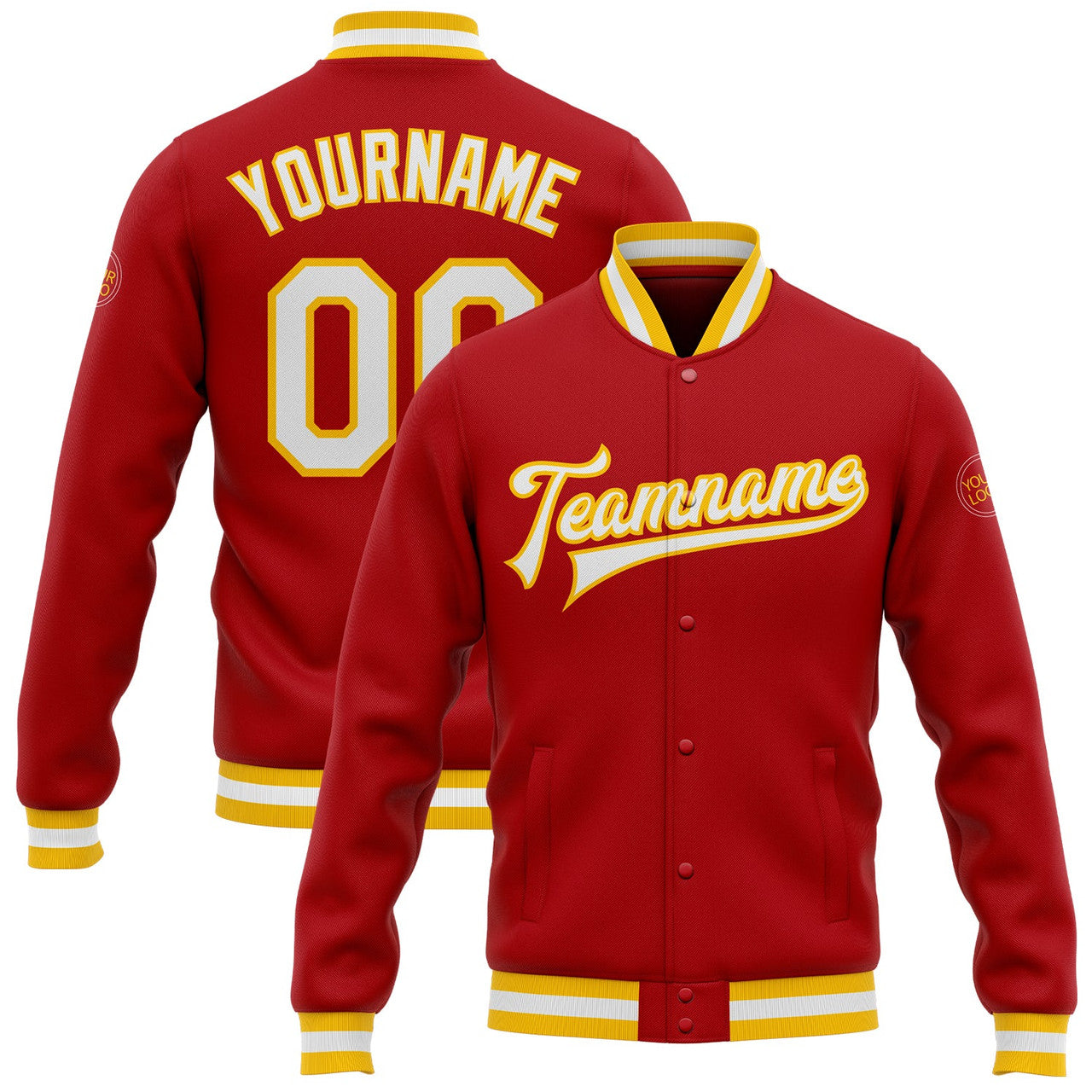 FUNSTUFFPRINT Custom Red White-Gold Bomber Full-Snap Varsity Letterman Jacket 3D Baseball Jacket