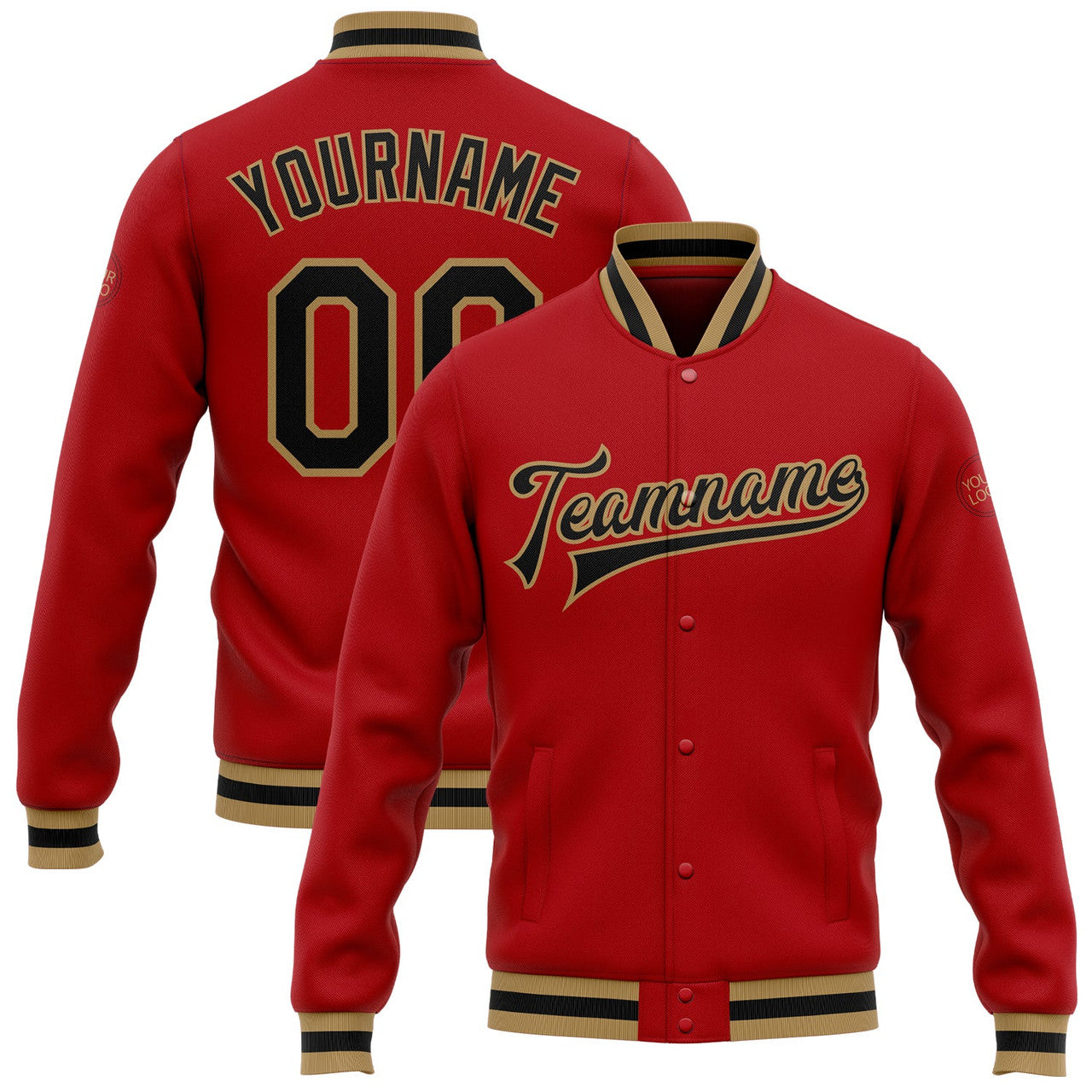 FUNSTUFFPRINT Custom Red Black-Old Gold Bomber Full-Snap Varsity Letterman Jacket 3D Baseball Jacket