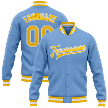 FUNSTUFFPRINT Custom Light Blue Gold-White Bomber Full-Snap Varsity Letterman Jacket 3D Baseball Jacket