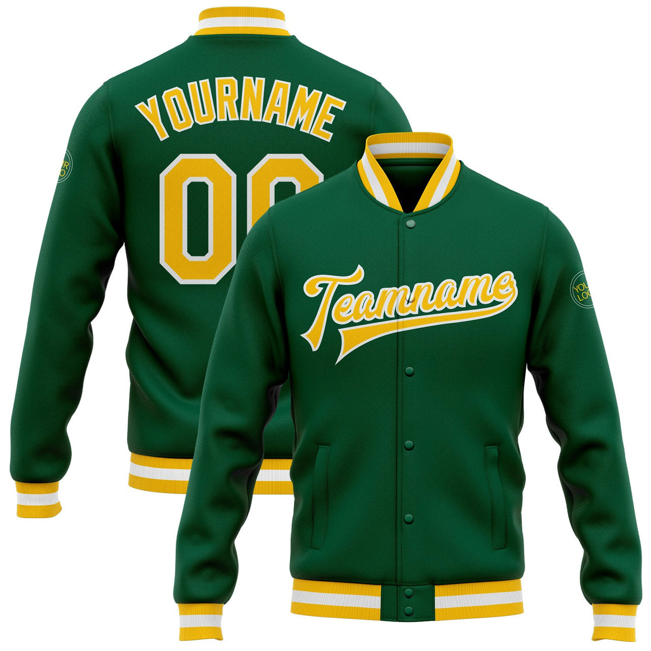 FUNSTUFFPRINT Custom Kelly Green Gold-White Bomber Full-Snap Varsity Letterman Jacket 3D Baseball Jacket