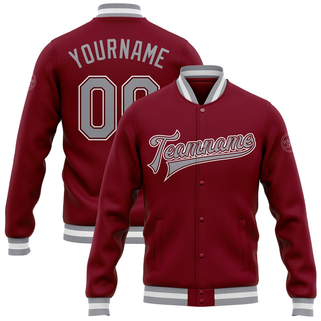 FUNSTUFFPRINT Custom Crimson Gray-White Bomber Full-Snap Varsity Letterman Jacket 3D Baseball Jacket