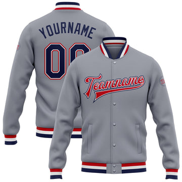 FUNSTUFFPRINT Custom Gray Navy White-Red Bomber Full-Snap Varsity Letterman Jacket 3D Baseball Jacket