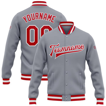 FUNSTUFFPRINT Custom Gray Red-White Bomber Full-Snap Varsity Letterman Jacket 3D Baseball Jacket