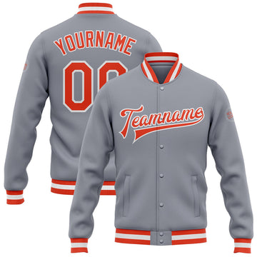 FUNSTUFFPRINT Custom Gray Orange-White Bomber Full-Snap Varsity Letterman Jacket 3D Baseball Jacket