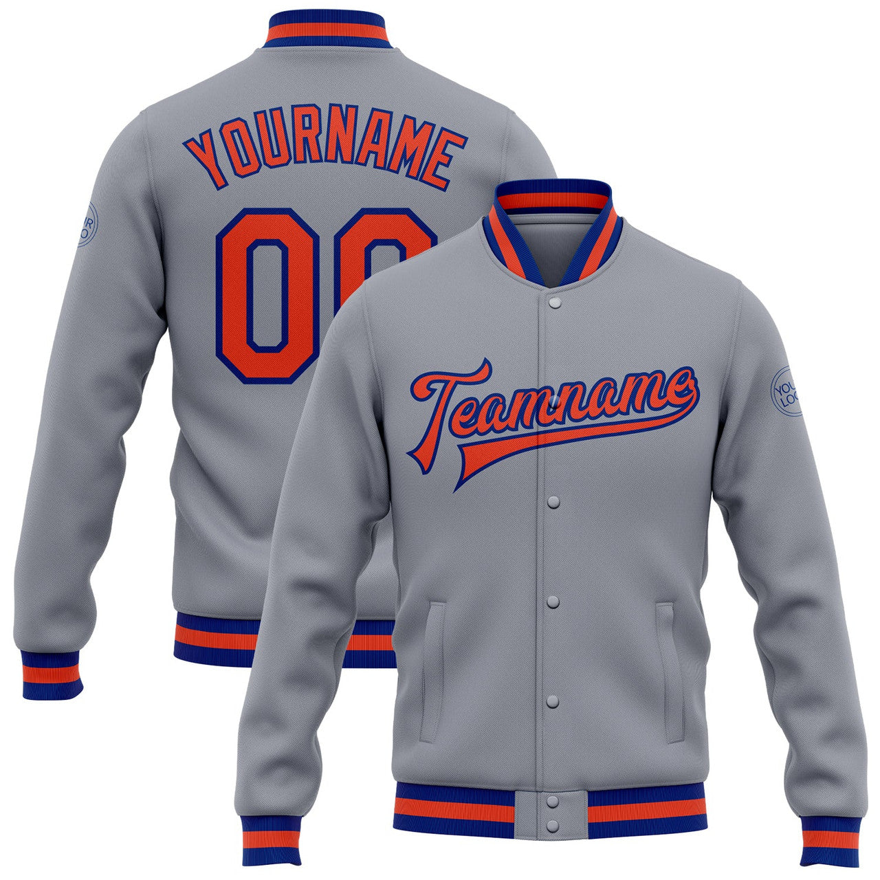 FUNSTUFFPRINT Custom Gray Orange-Royal Bomber Full-Snap Varsity Letterman Jacket 3D Baseball Jacket