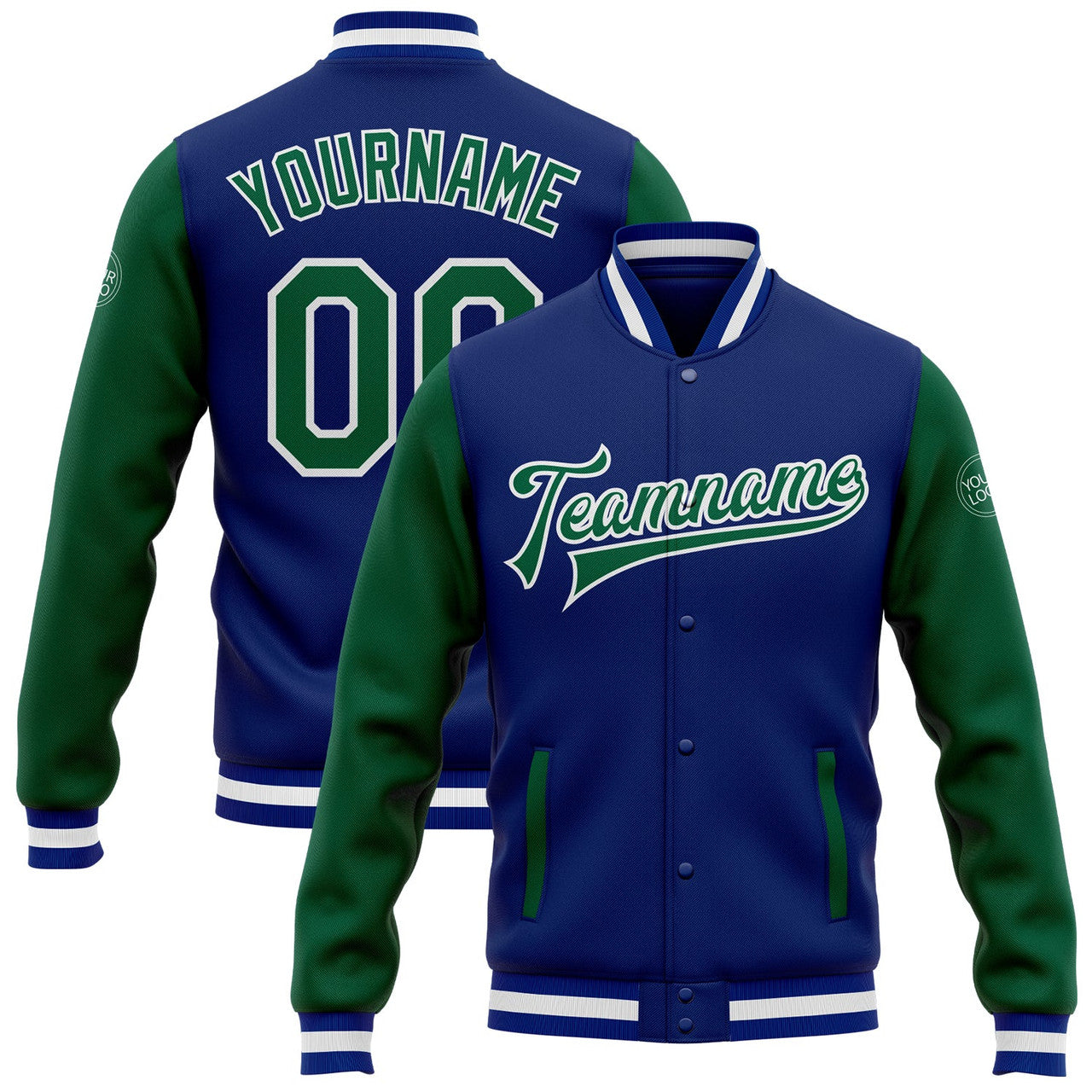 FUNSTUFFPRINT Custom Royal Kelly Green-White Bomber Full-Snap Varsity Letterman Two Tone Jacket 3D Baseball Jacket