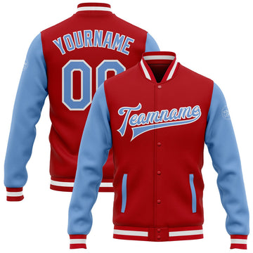 FUNSTUFFPRINT Custom Red Light Blue-White Bomber Full-Snap Varsity Letterman Two Tone Jacket 3D Baseball Jacket