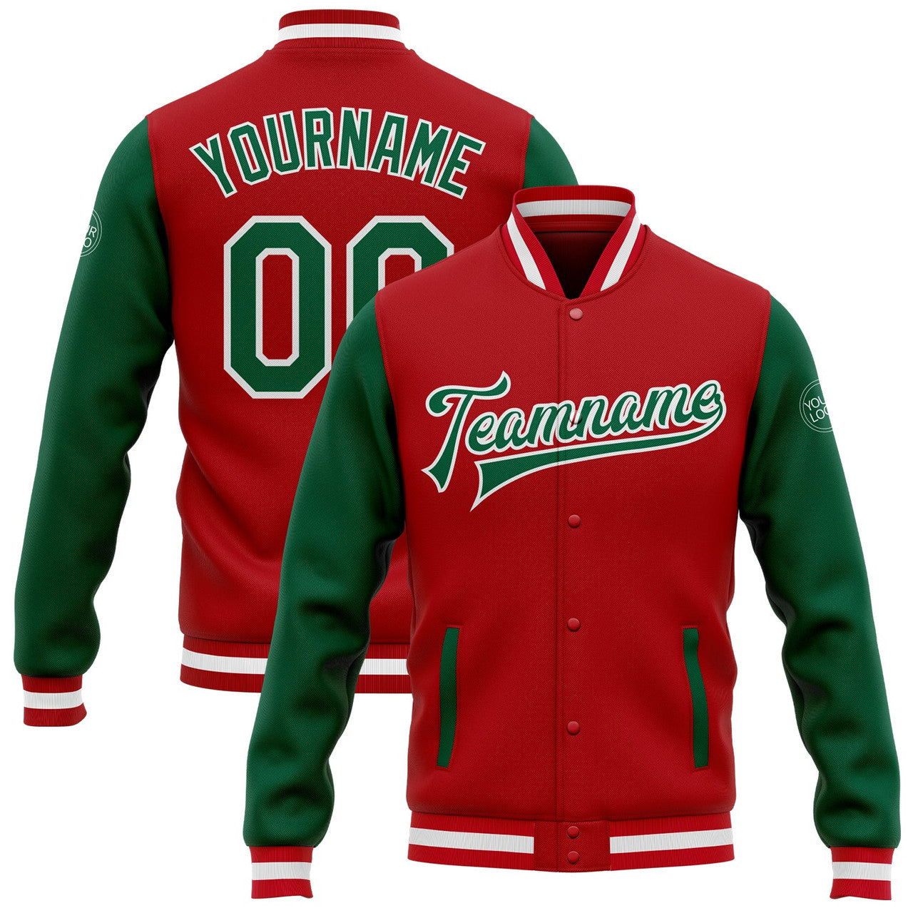 FUNSTUFFPRINT Custom Red Kelly Green-White Bomber Full-Snap Varsity Letterman Two Tone Jacket 3D Baseball Jacket