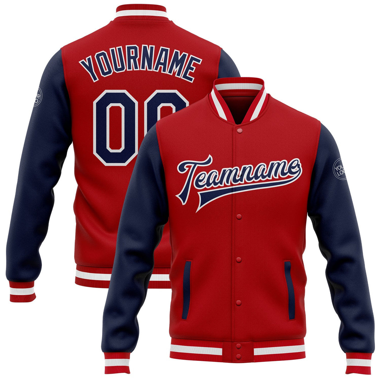 FUNSTUFFPRINT Custom Red Navy-White Bomber Full-Snap Varsity Letterman Two Tone Jacket 3D Baseball Jacket