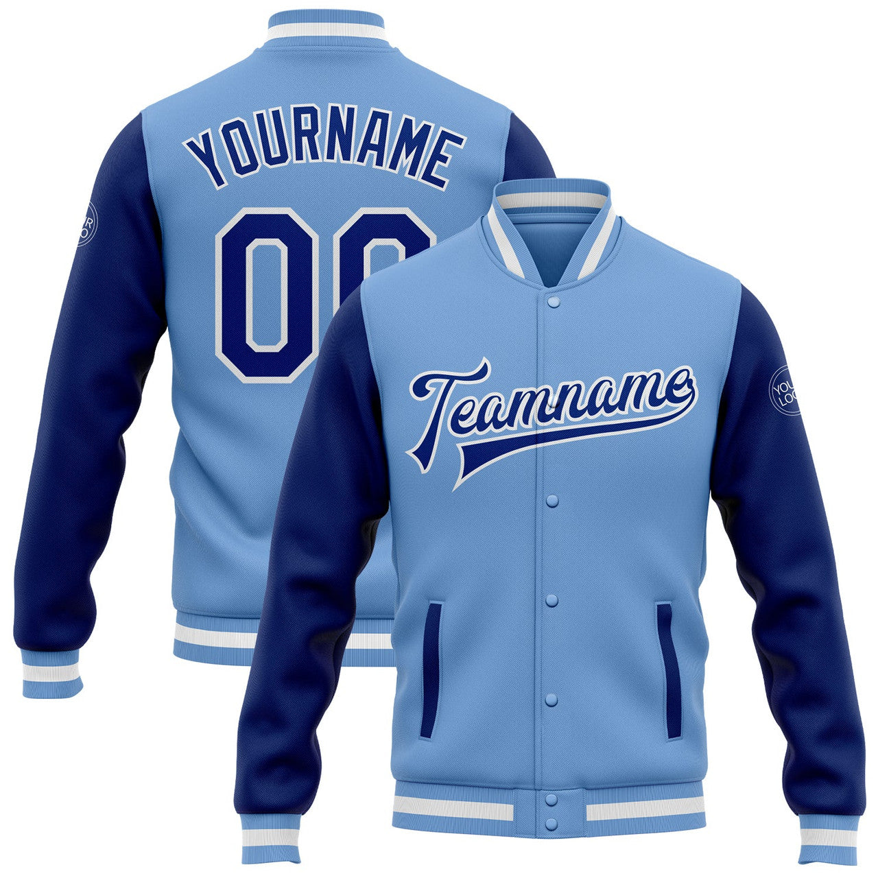 FUNSTUFFPRINT Custom Light Blue Royal-White Bomber Full-Snap Varsity Letterman Two Tone Jacket 3D Baseball Jacket