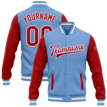 FUNSTUFFPRINT Custom Light Blue Red-White Bomber Full-Snap Varsity Letterman Two Tone Jacket 3D Baseball Jacket