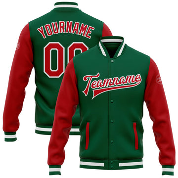 FUNSTUFFPRINT Custom Kelly Green Red-White Bomber Full-Snap Varsity Letterman Two Tone Jacket 3D Baseball Jacket