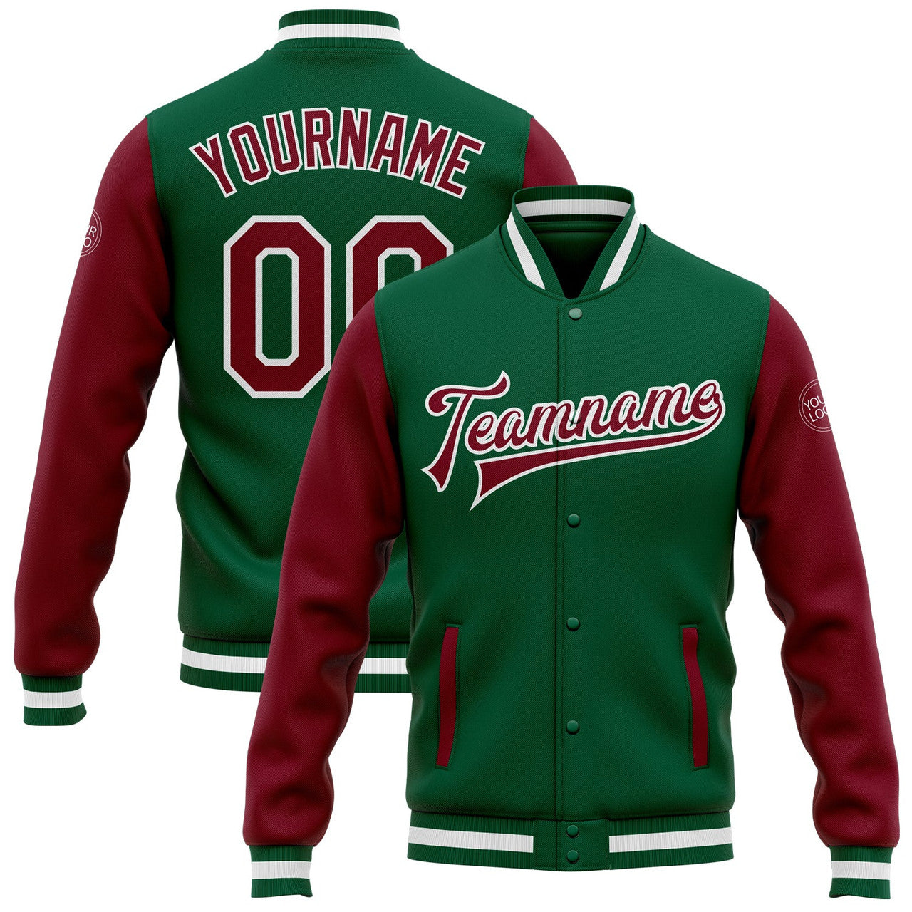 FUNSTUFFPRINT Custom Kelly Green Crimson-White Bomber Full-Snap Varsity Letterman Two Tone Jacket 3D Baseball Jacket