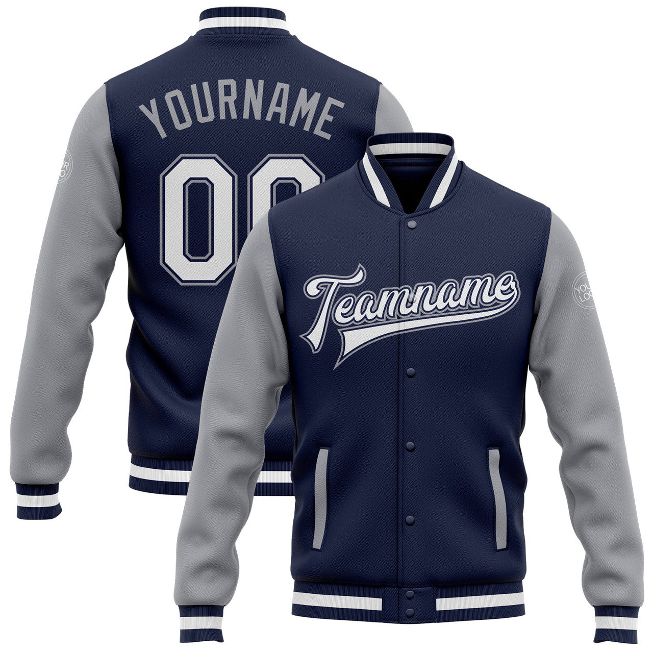 FUNSTUFFPRINT Custom Navy White-Gray Bomber Full-Snap Varsity Letterman Two Tone Jacket 3D Baseball Jacket