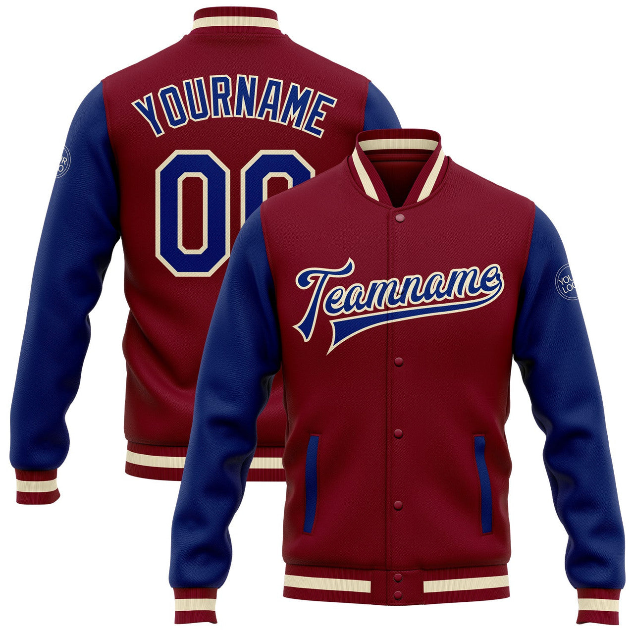 FUNSTUFFPRINT Custom Crimson Royal-White Bomber Full-Snap Varsity Letterman Two Tone Jacket 3D Baseball Jacket