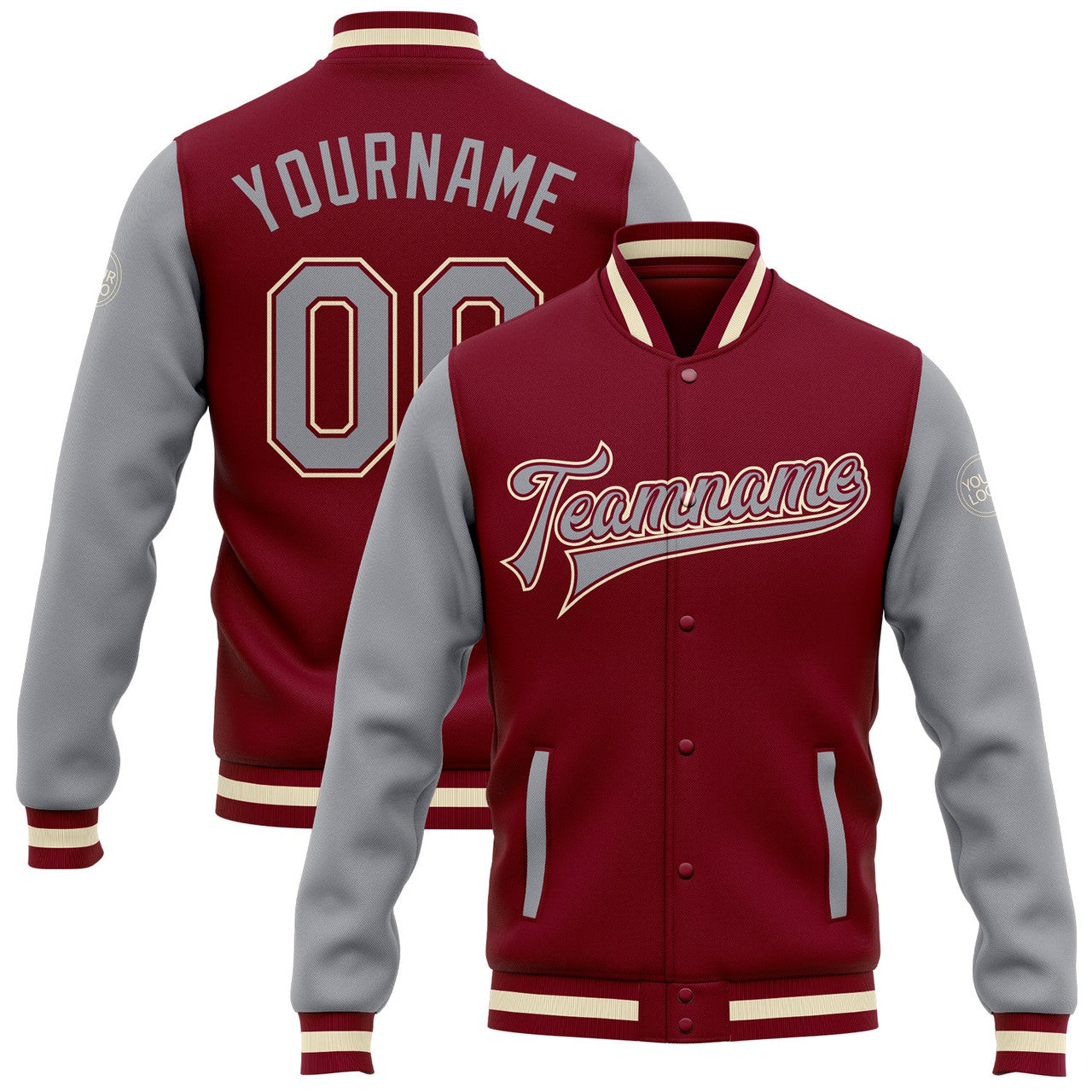 FUNSTUFFPRINT Custom Crimson Gray-Cream Bomber Full-Snap Varsity Letterman Two Tone Jacket 3D Baseball Jacket