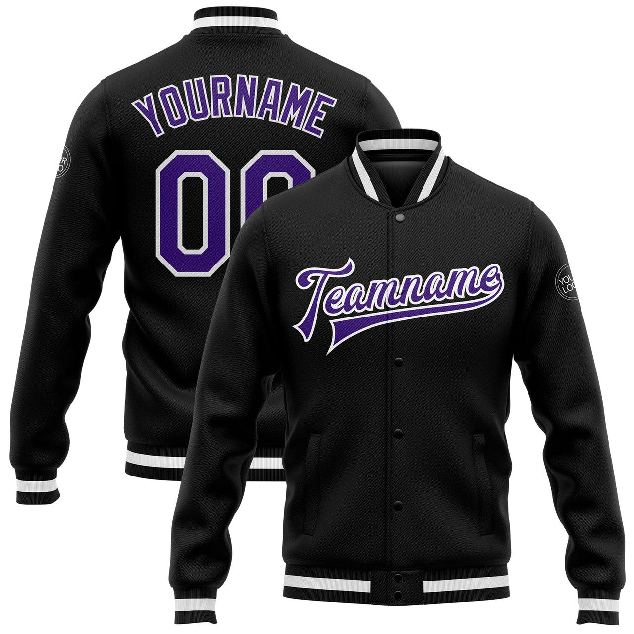 FUNSTUFFPRINT Custom Black Purple-White Bomber Full-Snap Varsity Letterman Jacket 3D Baseball Jacket