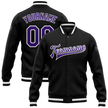 FUNSTUFFPRINT Custom Black Purple-White Bomber Full-Snap Varsity Letterman Jacket 3D Baseball Jacket