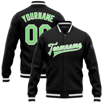 FUNSTUFFPRINT Custom Black Pea Green-White Bomber Full-Snap Varsity Letterman Jacket 3D Baseball Jacket