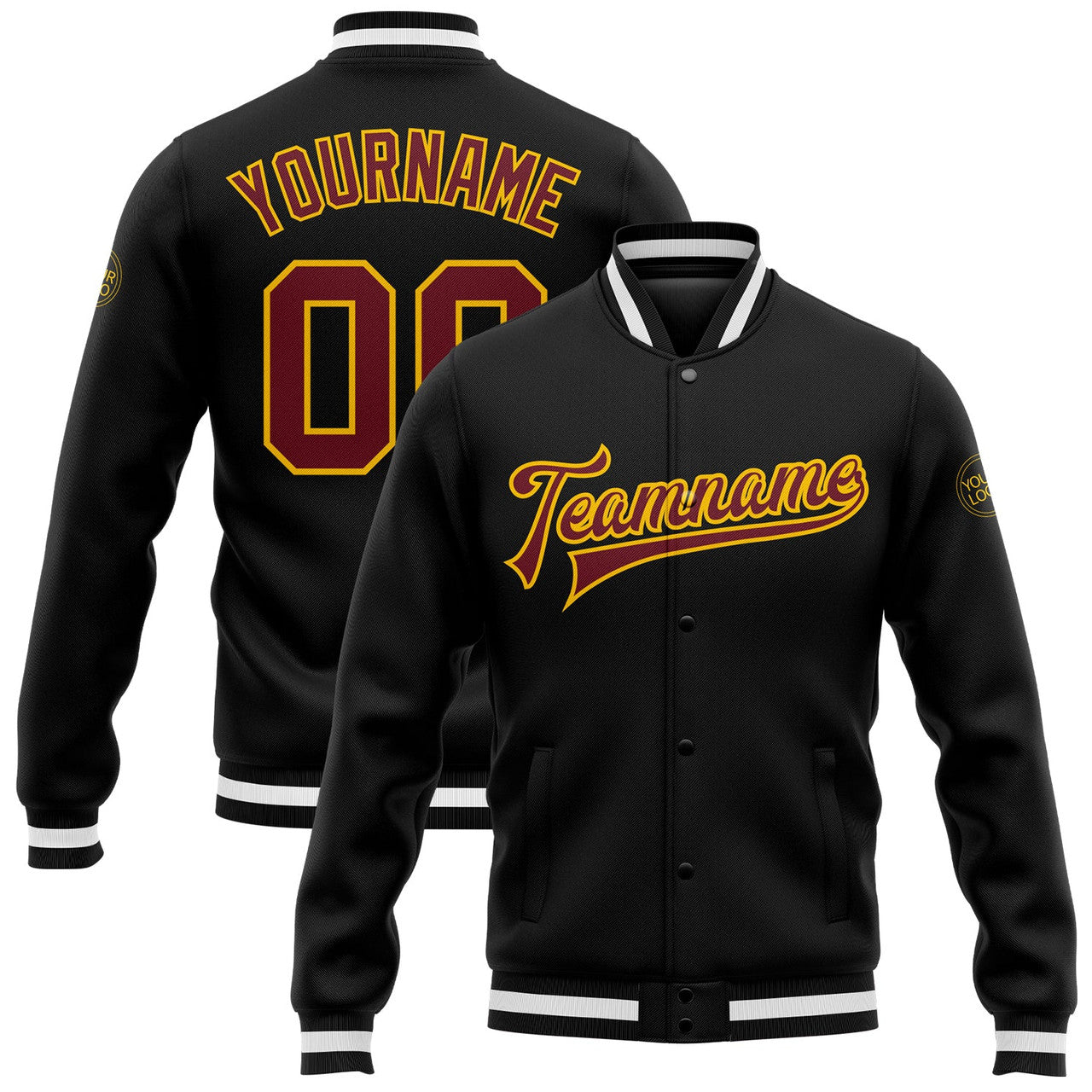 FUNSTUFFPRINT Custom Black Burgundy-Gold Bomber Full-Snap Varsity Letterman Jacket 3D Baseball Jacket