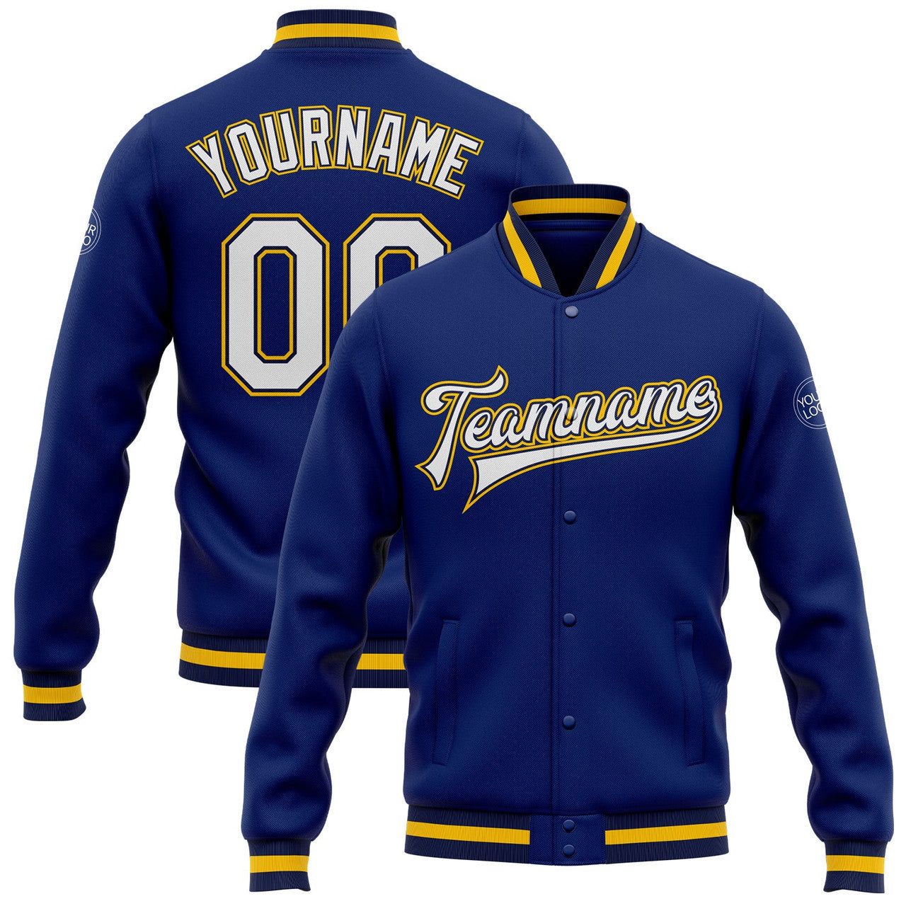 FUNSTUFFPRINT Custom Royal White Navy-Gold Bomber Full-Snap Varsity Letterman Jacket 3D Baseball Jacket