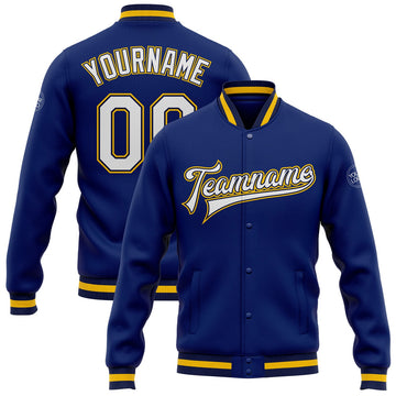 FUNSTUFFPRINT Custom Royal White Navy-Gold Bomber Full-Snap Varsity Letterman Jacket 3D Baseball Jacket