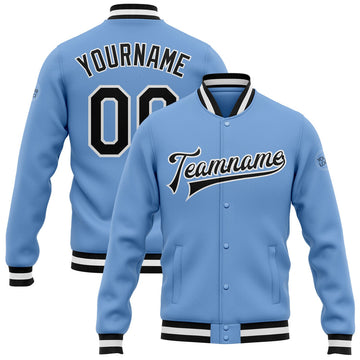 FUNSTUFFPRINT Custom Light Blue Black-White Bomber Full-Snap Varsity Letterman Jacket 3D Baseball Jacket