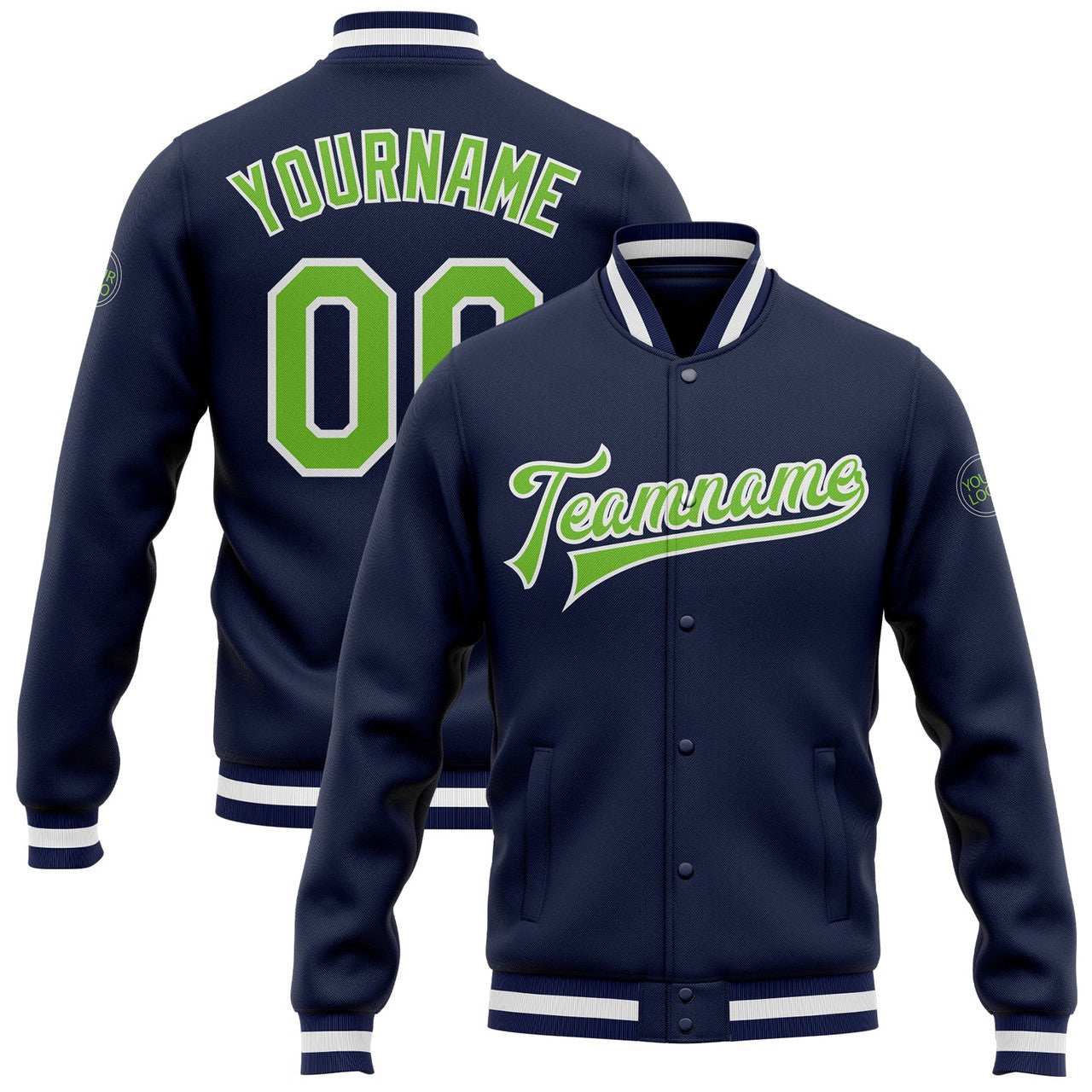 FUNSTUFFPRINT Custom Navy Neon Green-White Bomber Full-Snap Varsity Letterman Jacket 3D Baseball Jacket
