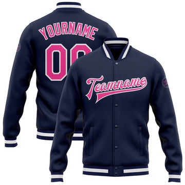 FUNSTUFFPRINT Custom Navy Pink-White Bomber Full-Snap Varsity Letterman Jacket 3D Baseball Jacket