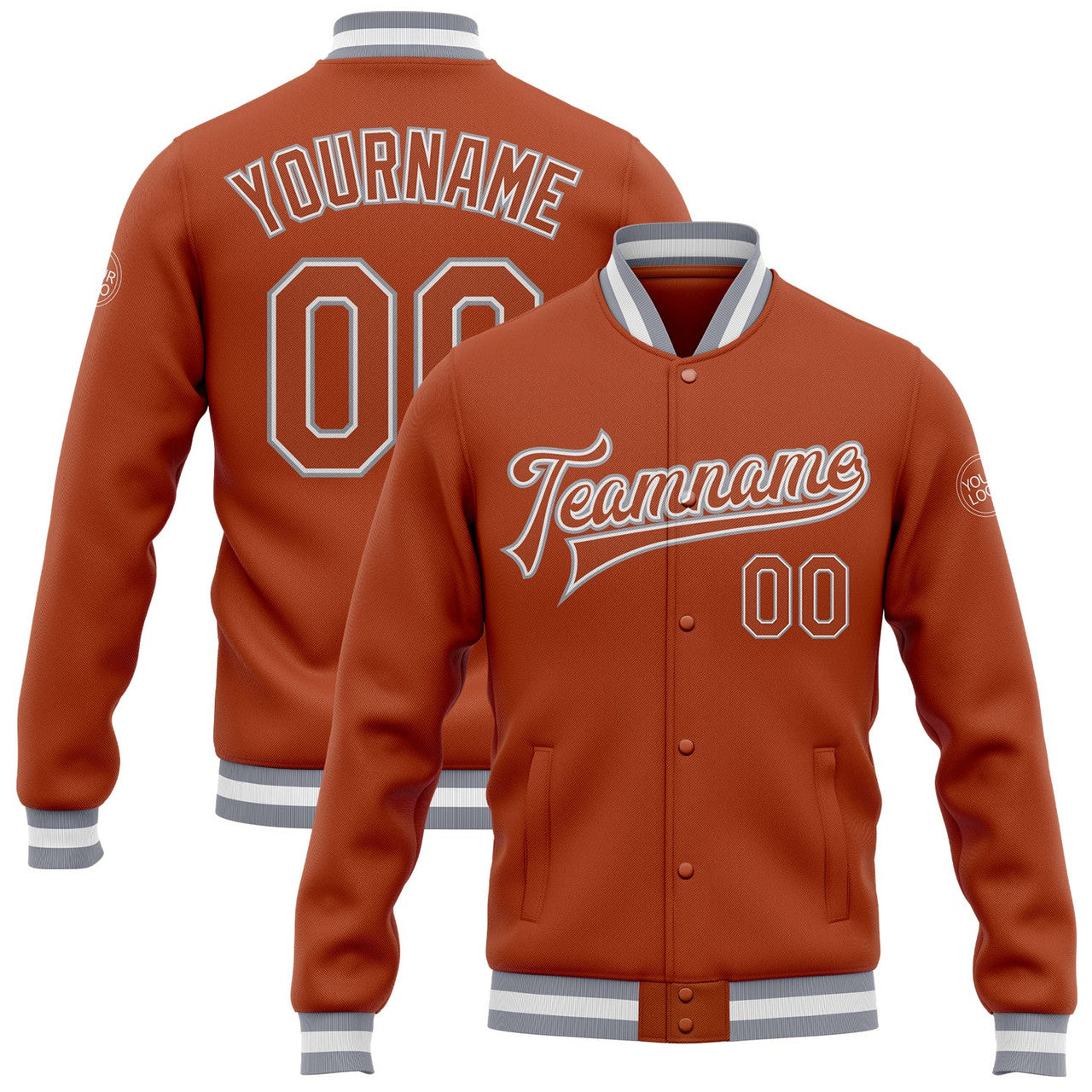 FUNSTUFFPRINT Custom Texas Orange Texas Orange Gray-White Bomber Full-Snap Varsity Letterman Jacket 3D Baseball Jacket